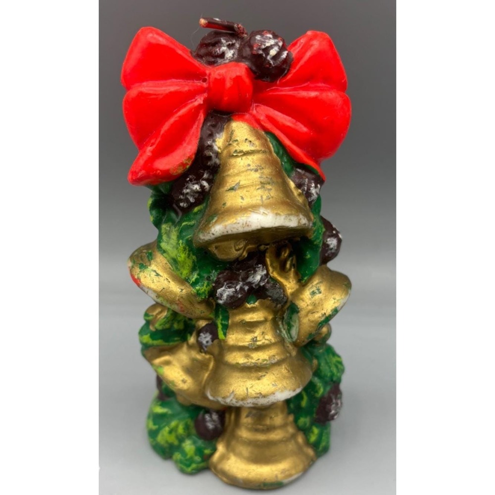 Vtg Christmas Wax Candle Gold Bells with Red Bow & Greenery